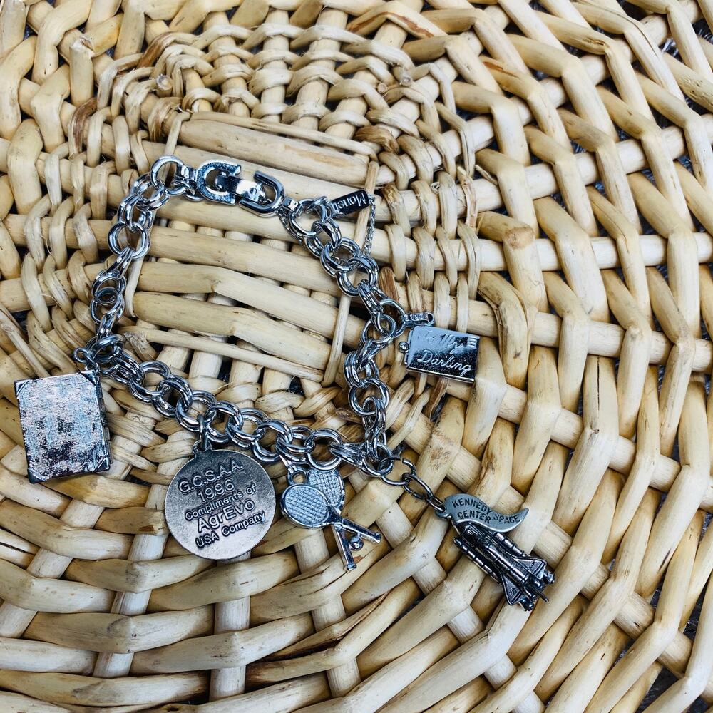 Silver Charm Bracelet Monet  w Charms Tennis Bible Spaceship Letter Orlando